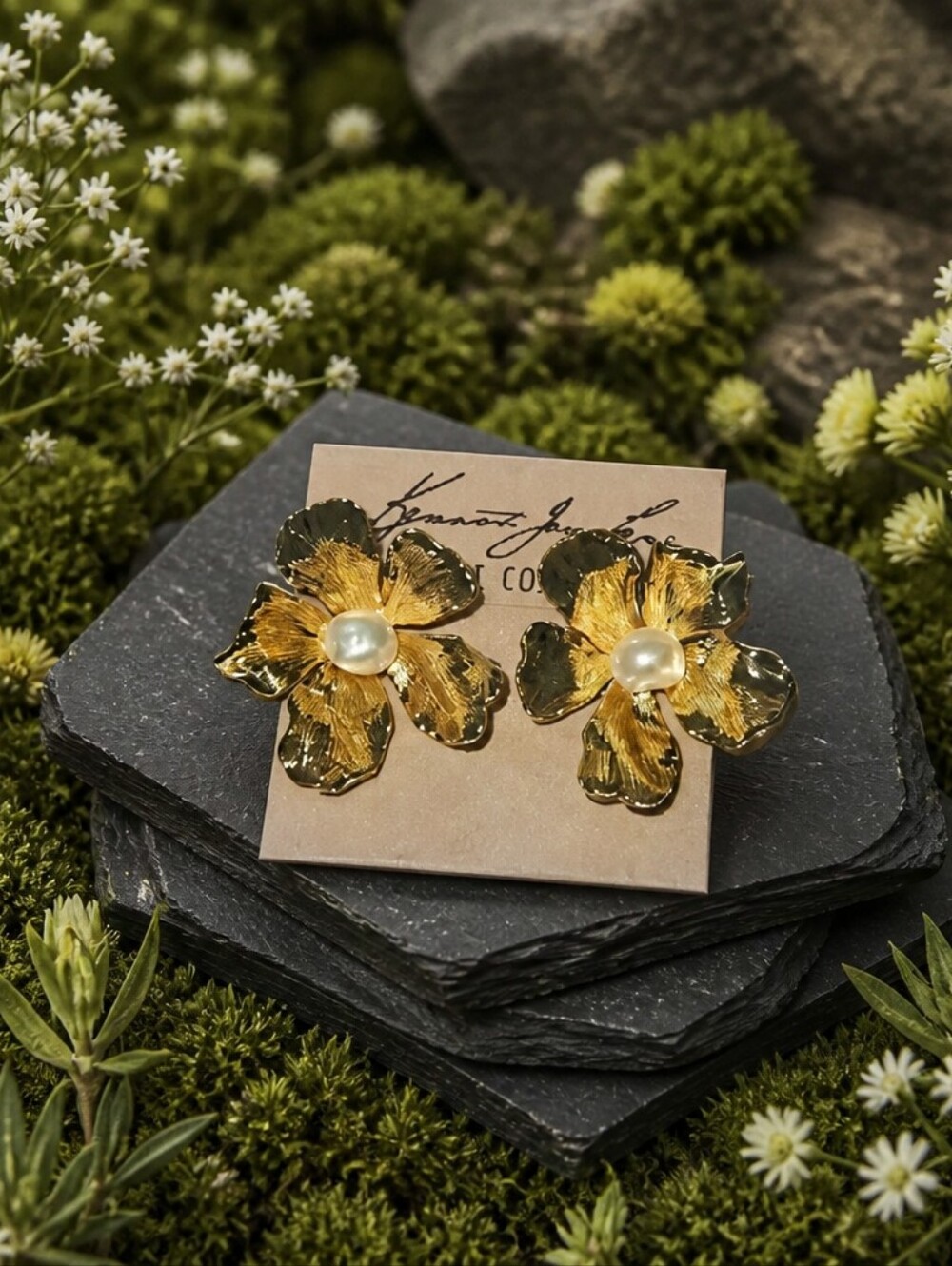 Kenneth Jay Lane Gold and Pearl Floral Stud Earrings